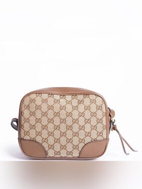 Gucci GG Canvas Camera Crossbody Bag Beige Brown Leather Trim